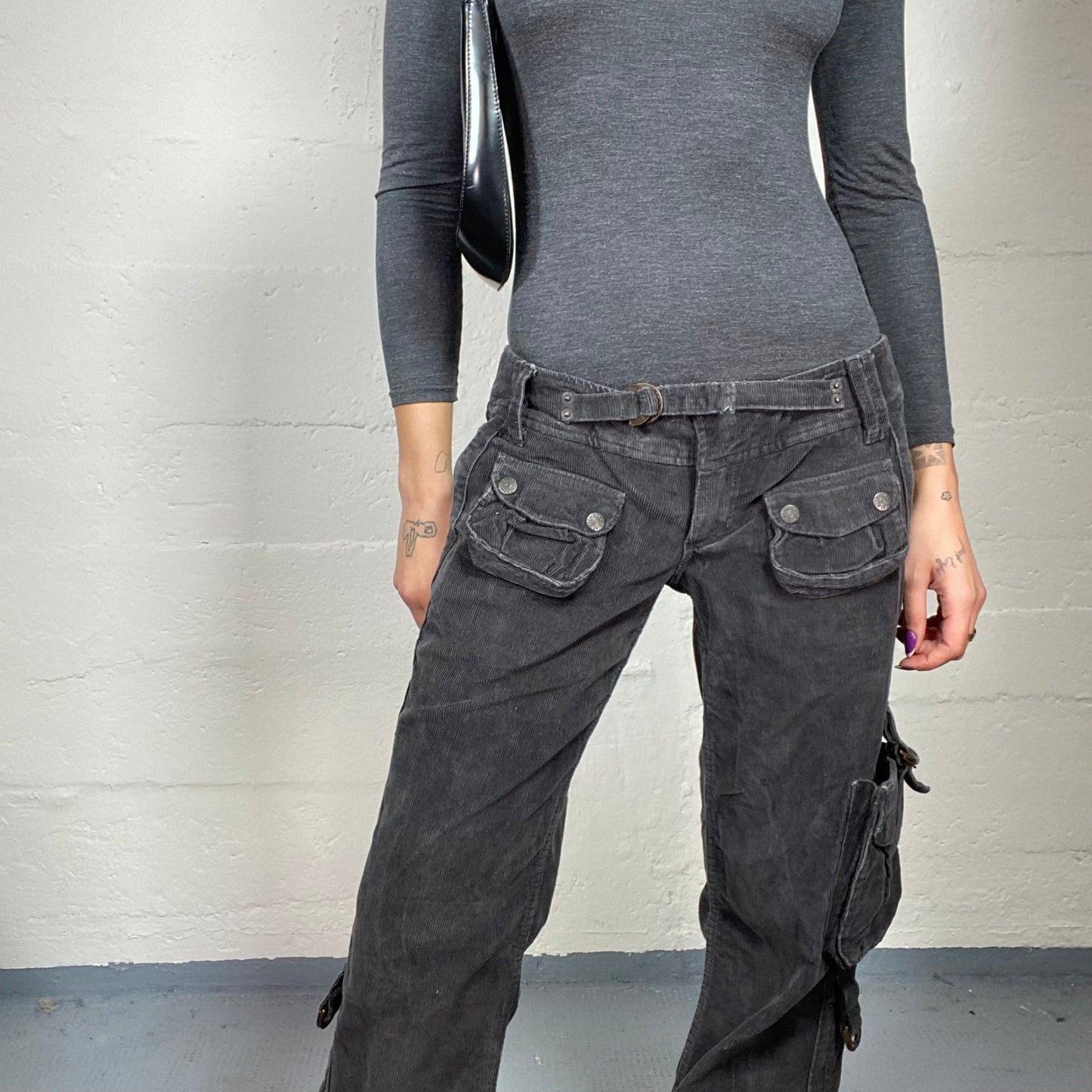 Vintage 2000's Archive Washed Out Black Low Waist Cargo Pants with Pockets Detail (S)