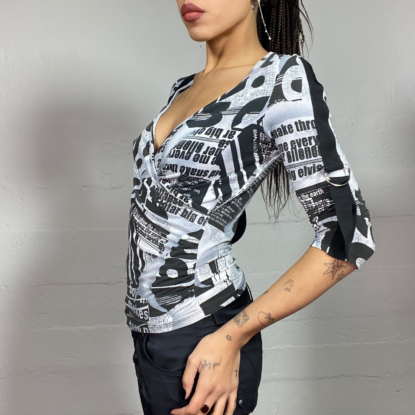 Vintage 90's Archive Black Open Neck Top with Newspaper Print (S)