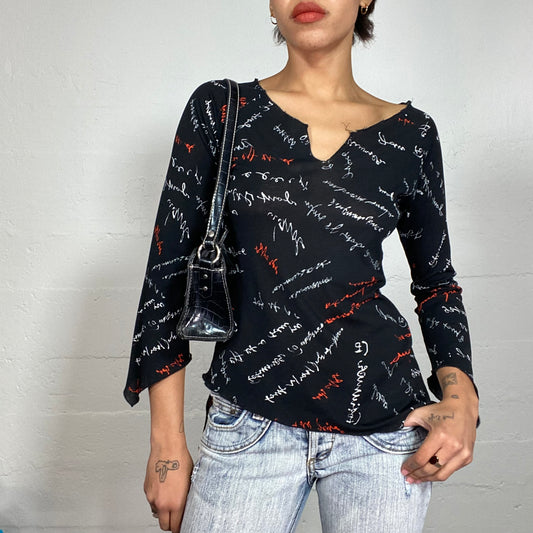 Vintage 2000's Punk Black Longsleeve Top with White and Red Typography Print (S/M)