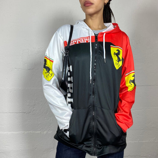 Vintage 2000's Ferrari Sporty Black and White Oversized Racers Jacket with White Brand Patches Detail (XL)