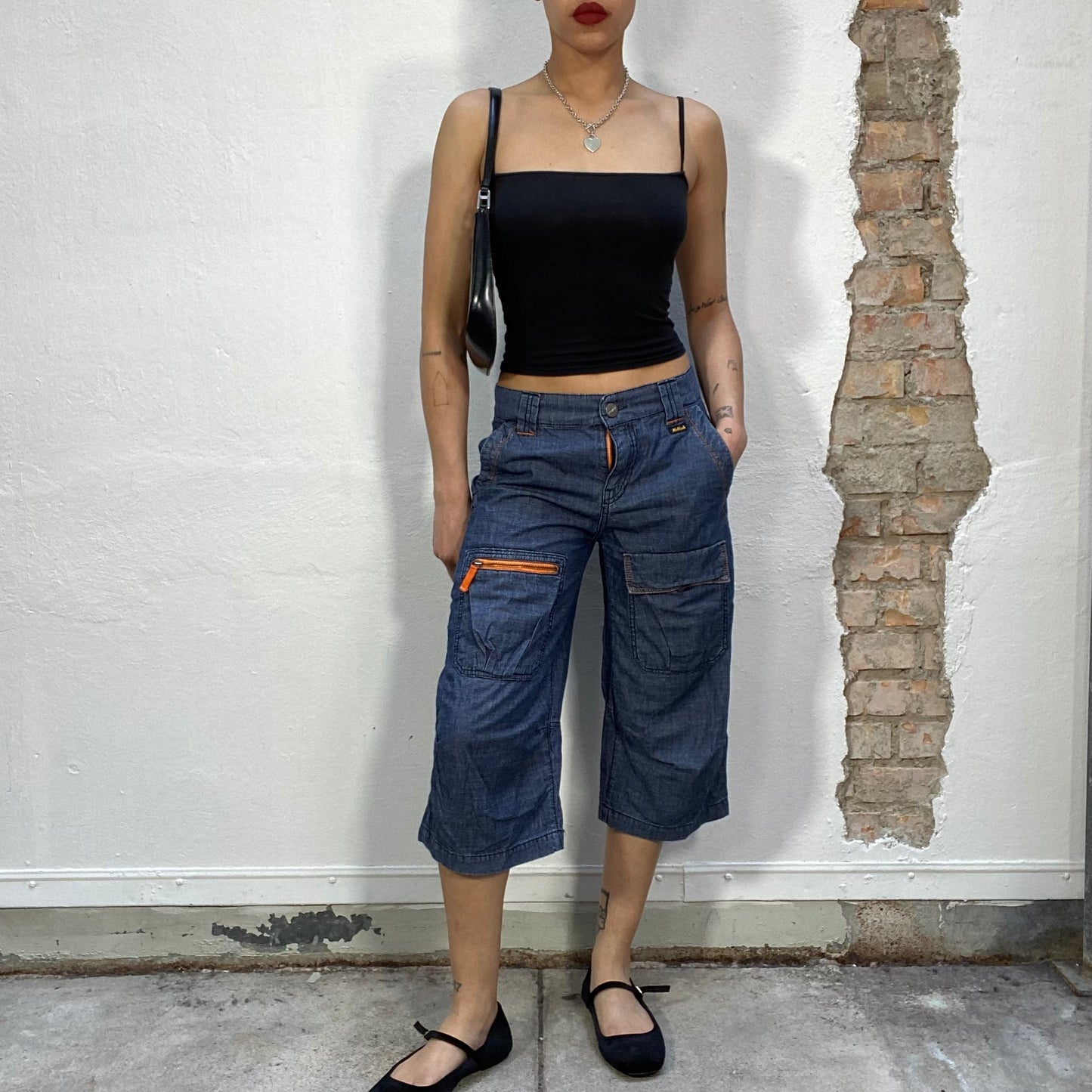 Vintage 90's Streetstyle Dark Denim Capris with Orange Contrast Stitching (S)