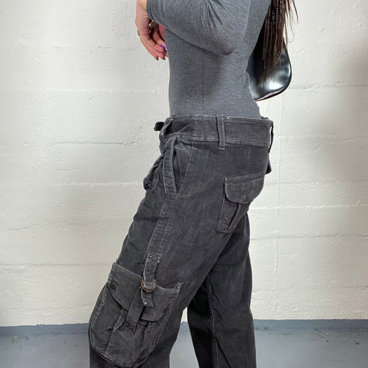 Vintage 2000's Archive Washed Out Black Low Waist Cargo Pants with Pockets Detail (S)