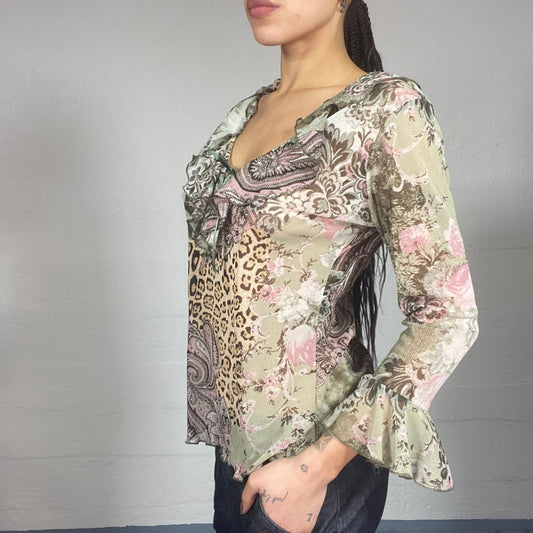 Vintage 90's Fairy Green Blouse Longsleeve Top with Floral Mandala and Frilled Collar Detail (M)