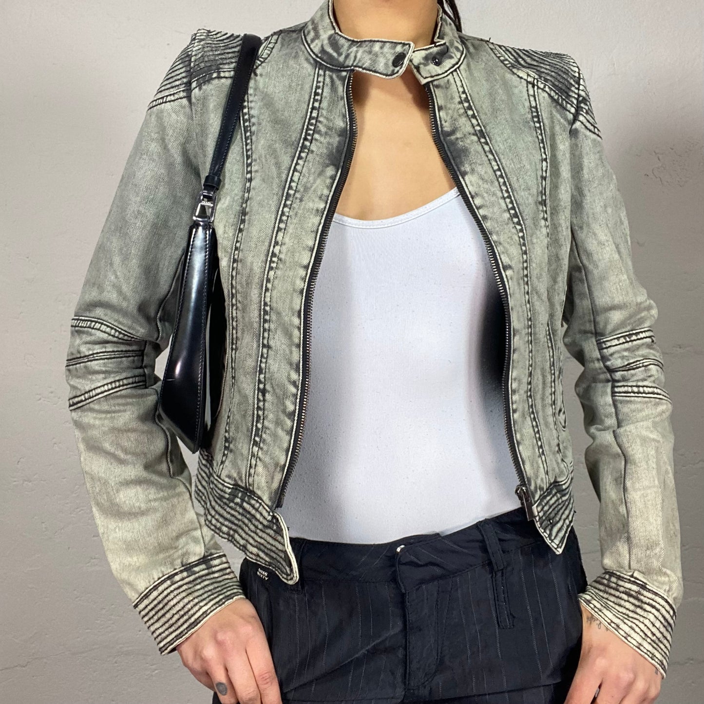 Vintage 2000's Archive Washed Grey Denim Short Biker Jacket (S)