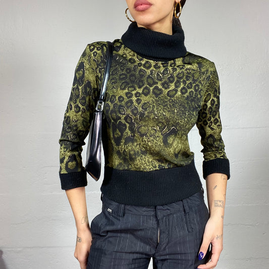 Vintage 90's The Nanny Black Turtleneck Jumper with Yellow Leo Print (S/M)