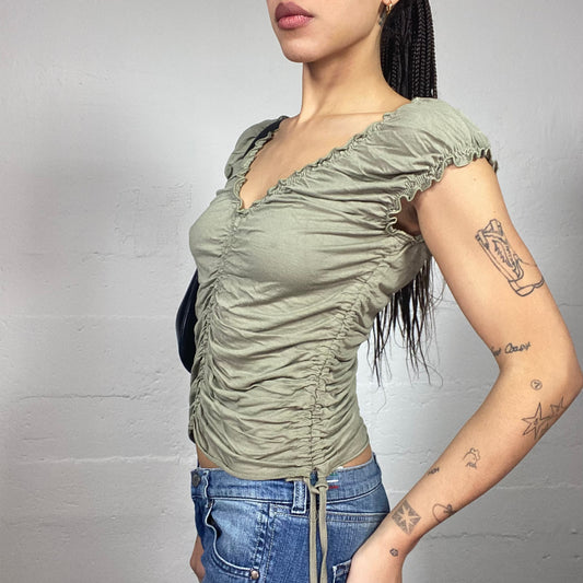 Vintage 90's Phoebe Buffay Khaki Loose Fit Top with Ruched Material Detail (M)