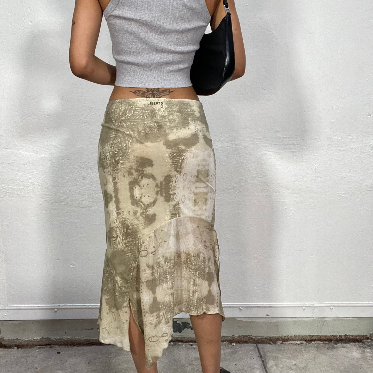 Vintage 90's Indie Beige Midi Asymmetric Skirt with Tie Dye Print (S/M)