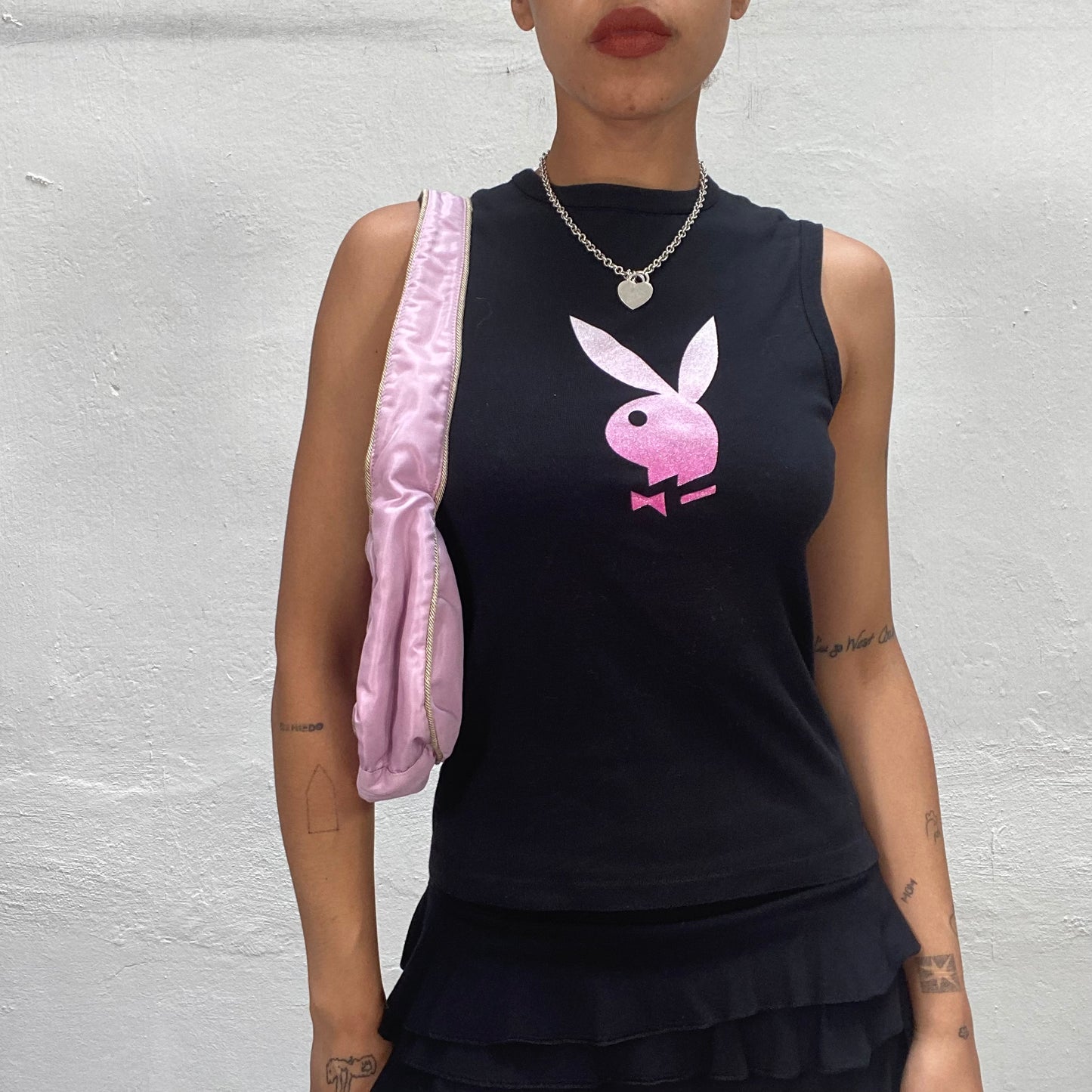 Vintage 90's Playboy Archive Black Tank Top with Pink "Playmate" and Logo Print (S/M)