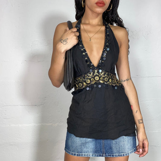 Vintage 2000's Boho Brown Neckholder Top with Gold Sequin Belt Detail (S)