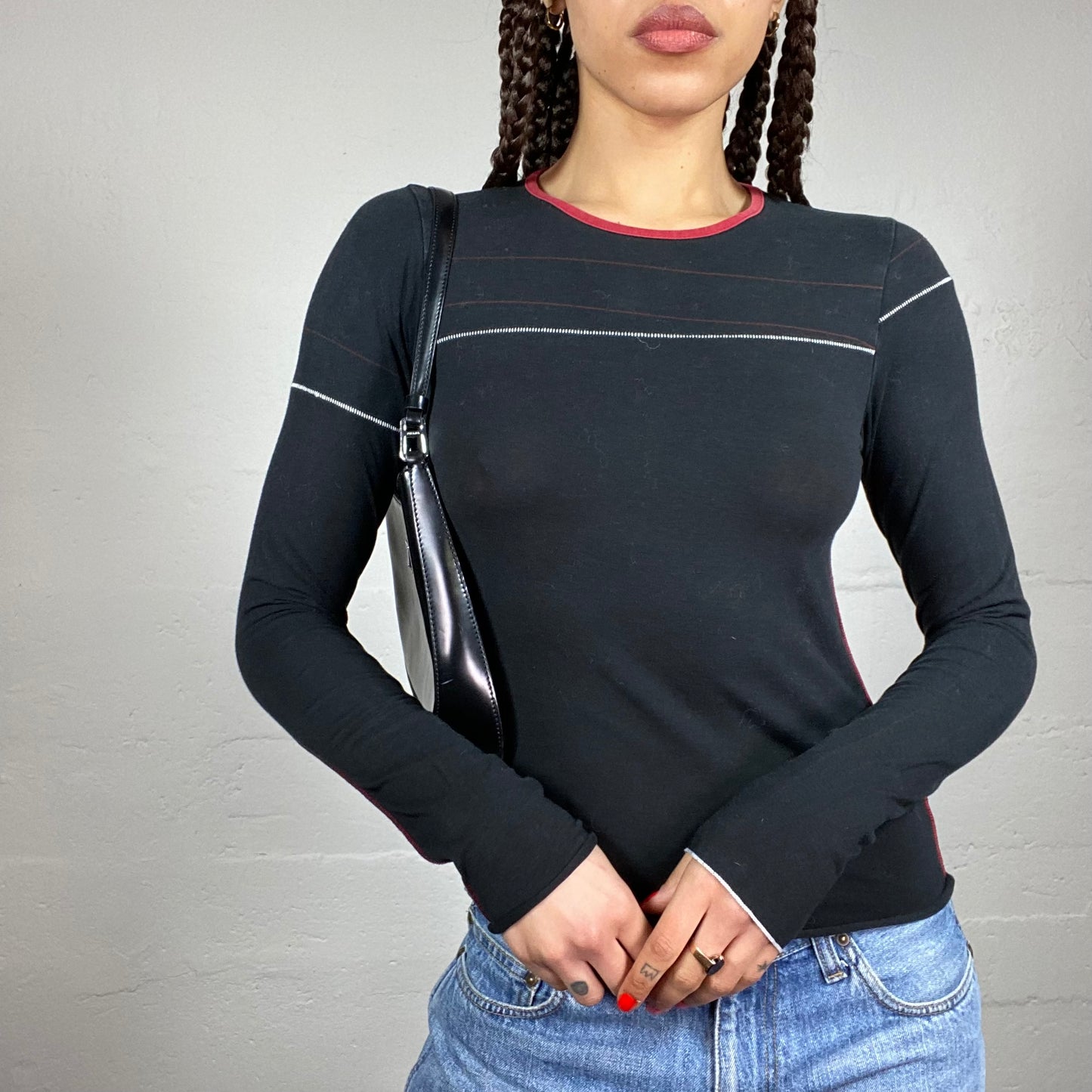 Vintage 2000's Cop Copine Downtown Girl Black Longsleeve Top with Visible White & Red Seam Decorative Detail (S)