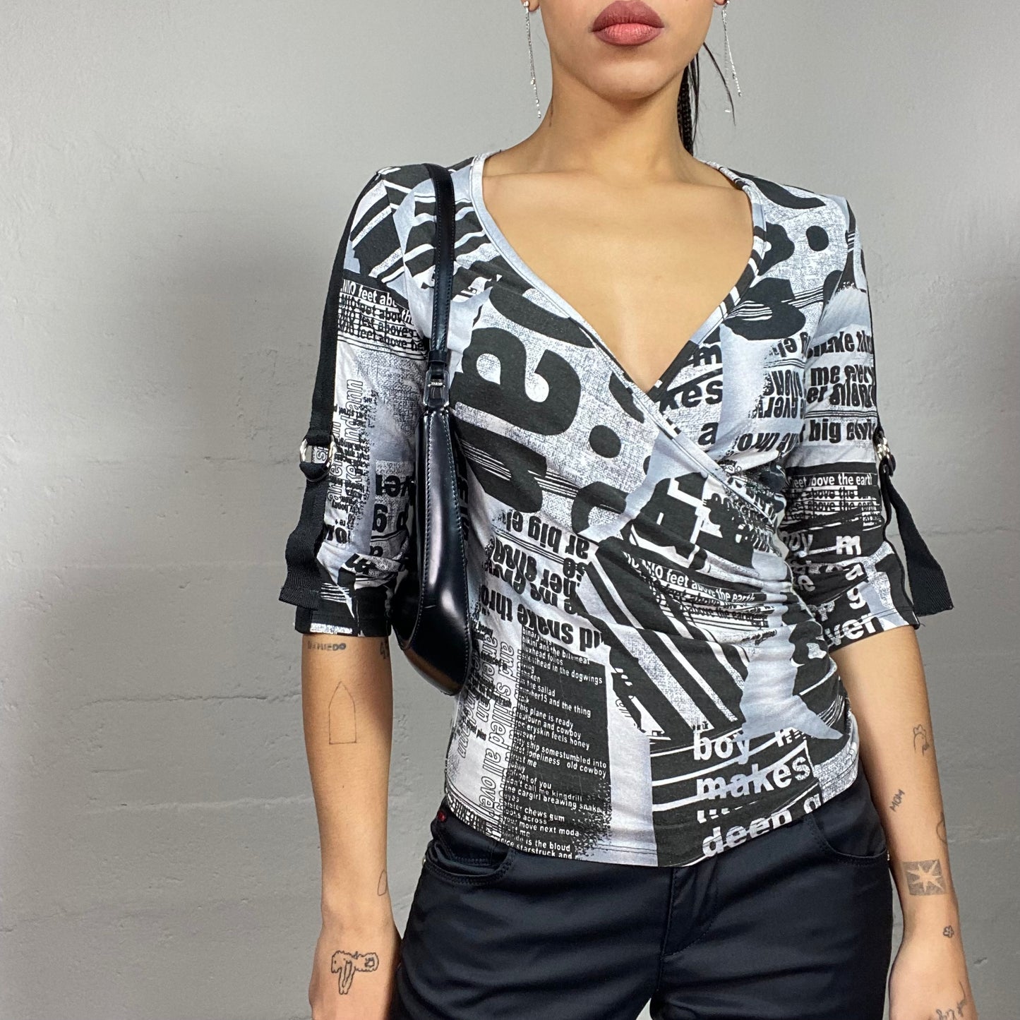 Vintage 90's Archive Black Open Neck Top with Newspaper Print (S)