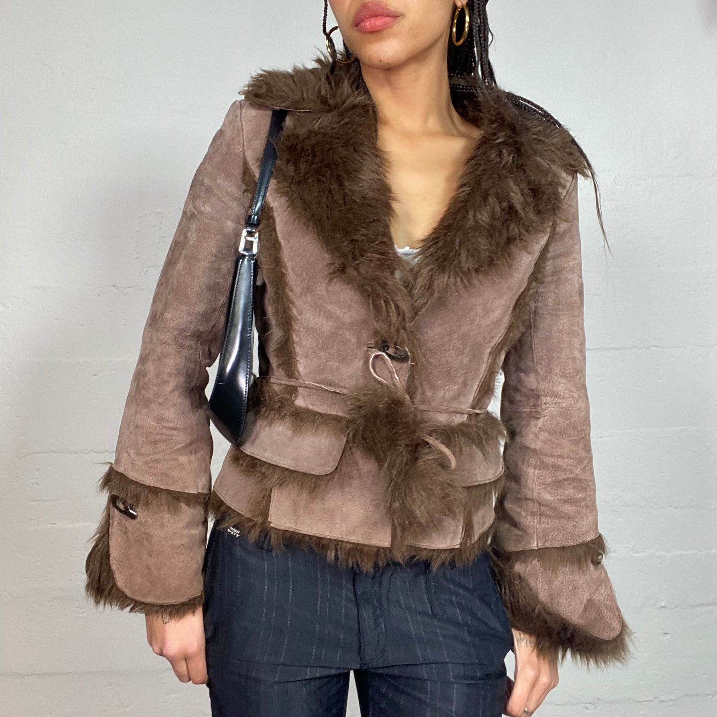 Vintage 2000's Bratz Brown Leather Short Afghan Coat with Puffy Fur Collar and Sleeve Details (S)