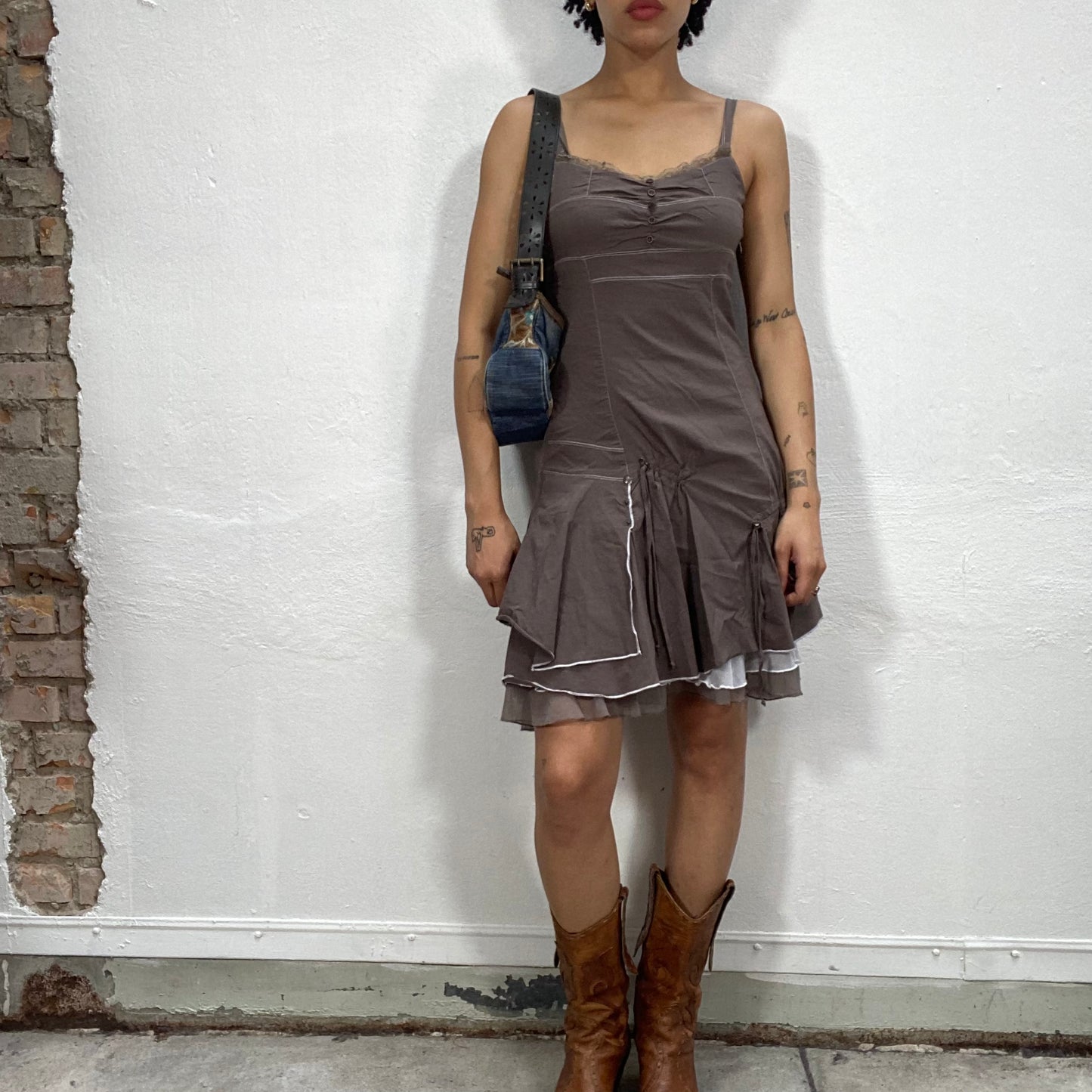 Vintage 2000's Grunge Brown Mini Dress with Contras Stitching and Mesh Under Layers (S)