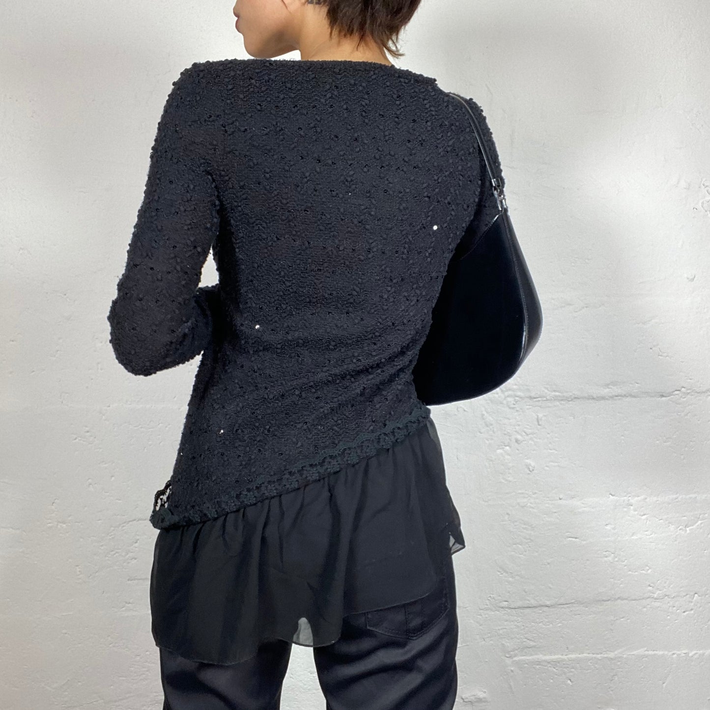 Vintage 2000's English It Girl Black Mesh Longsleeve Shirt with Asymmetric Button Up Detail (M)