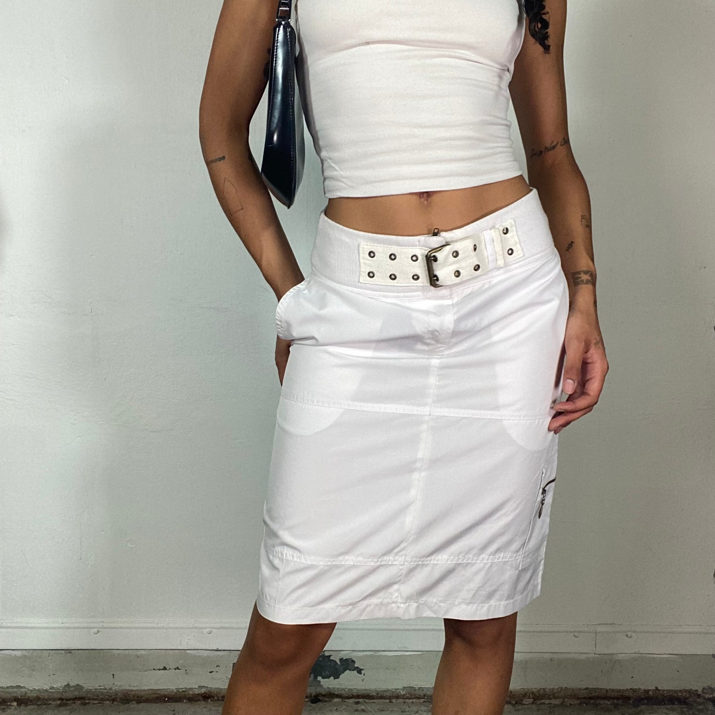 Vintage 2000's Streetwear White Nylon Tube Midi Skirt with Belt Detail (S)