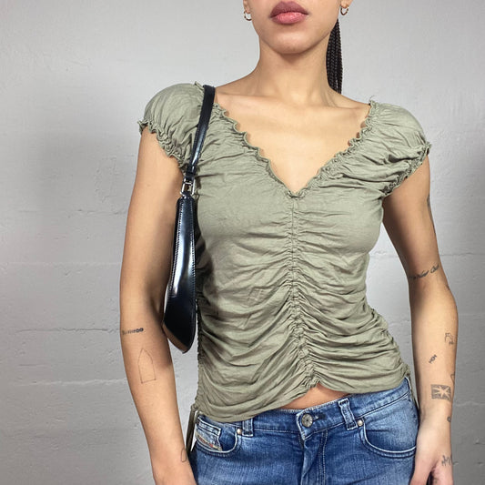 Vintage 90's Phoebe Buffay Khaki Loose Fit Top with Ruched Material Detail (M)