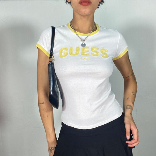 Vintage 2000's Archive Guess White Baby Tee with Yellow Trim and Logo Print (S)