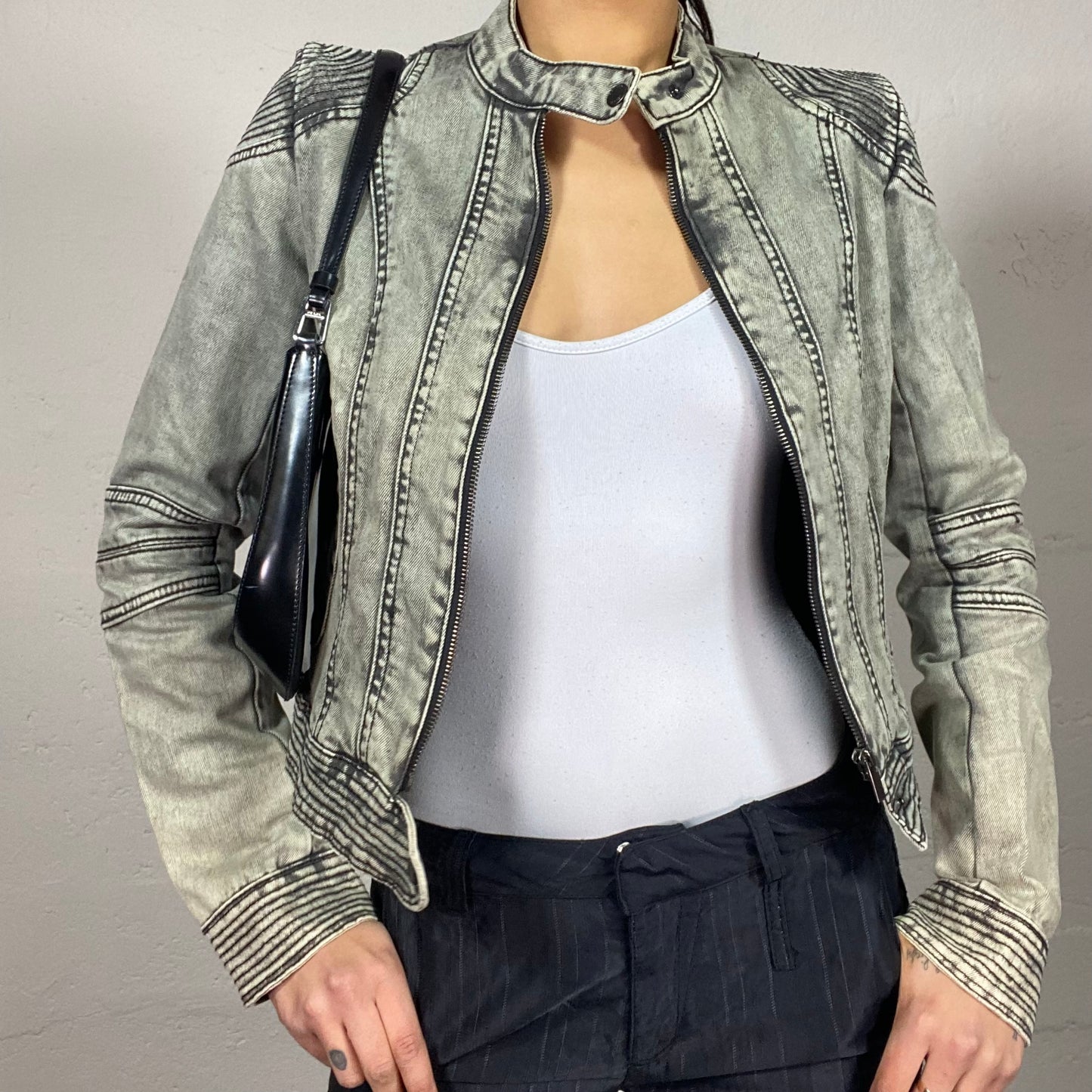 Vintage 2000's Archive Washed Grey Denim Short Biker Jacket (S)