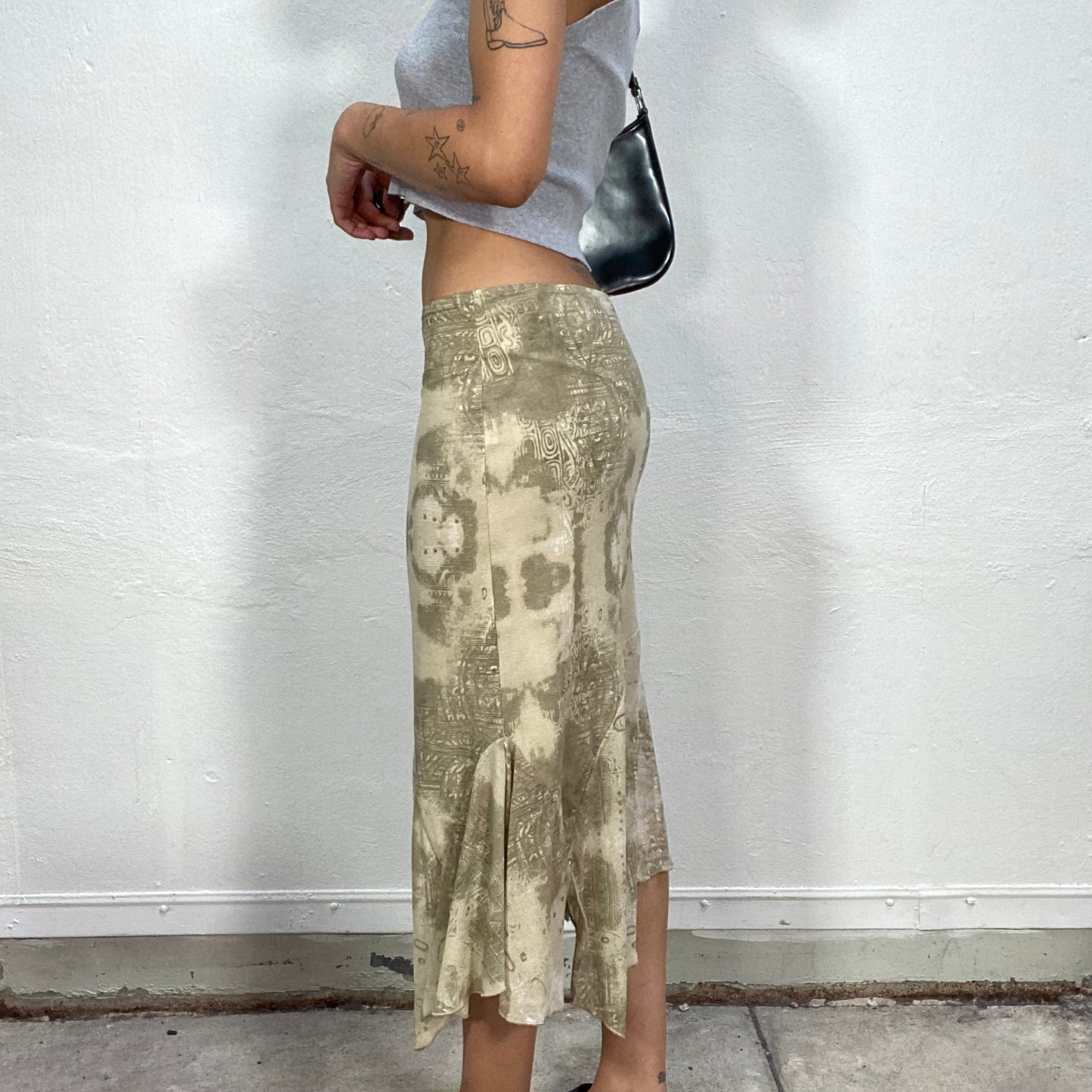 Vintage 90's Indie Beige Midi Asymmetric Skirt with Tie Dye Print (S/M)