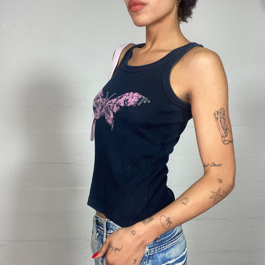 Vintage 2000's Soft Girl Black Top with Pink Butterfly Sequin Print (S)