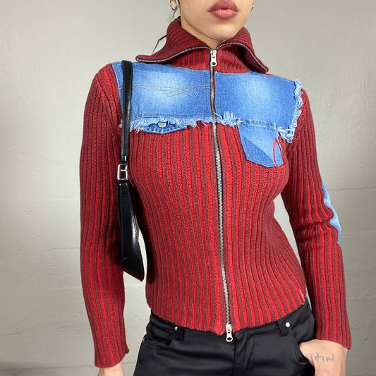 Vintage 2000's Downtown Girl Red Zip Up Jacket with Denim Patches Detail (S)