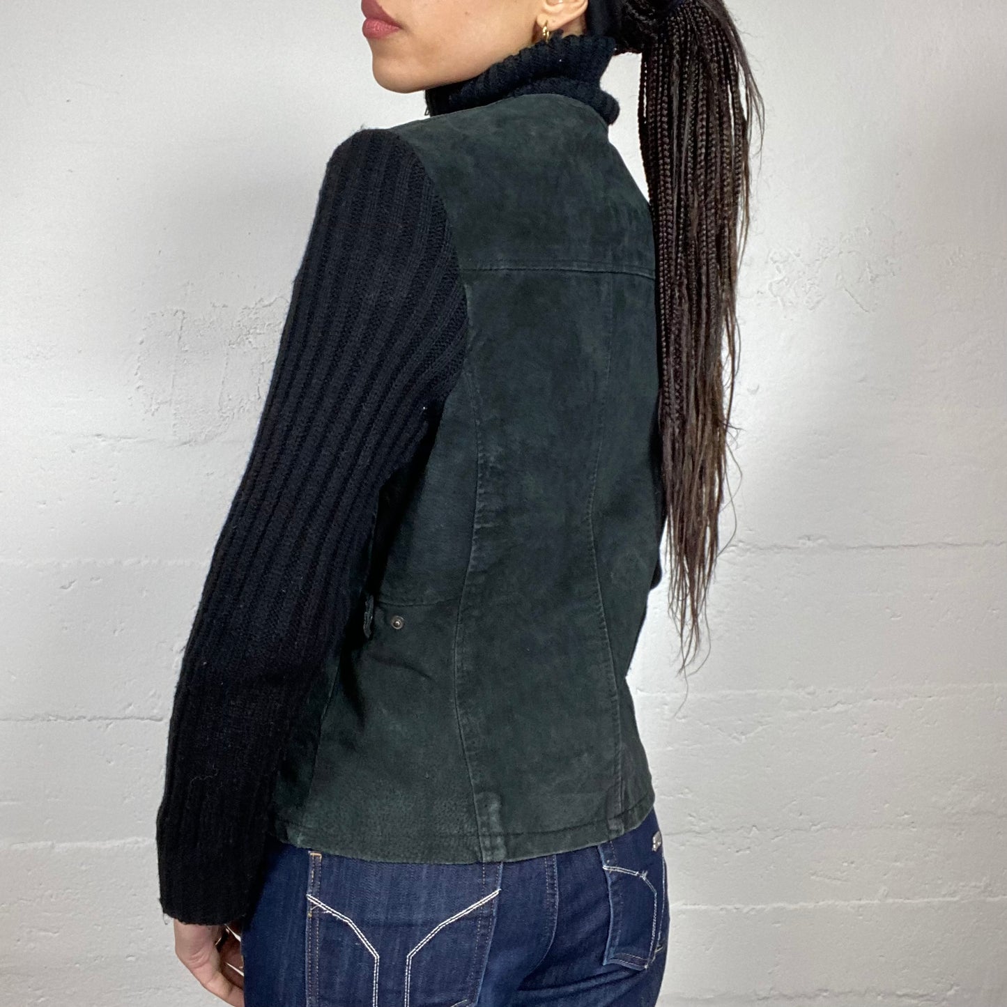 Vintage 90's Downtown Girl Black Short Jacket with Knitted Sleeves Detail (L)