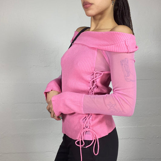 Vintage 2000's Soft Girl Pink Off Shoulder Knitted Top with Mesh Longsleeve Detail (S/M)