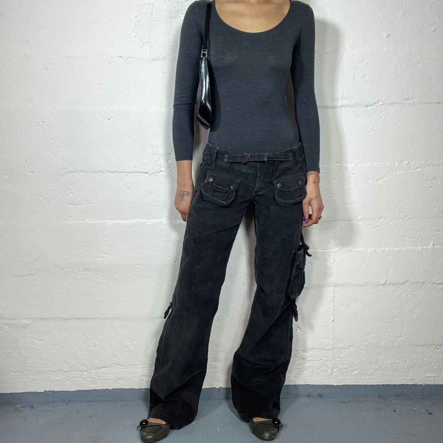 Vintage 2000's Archive Washed Out Black Low Waist Cargo Pants with Pockets Detail (S)