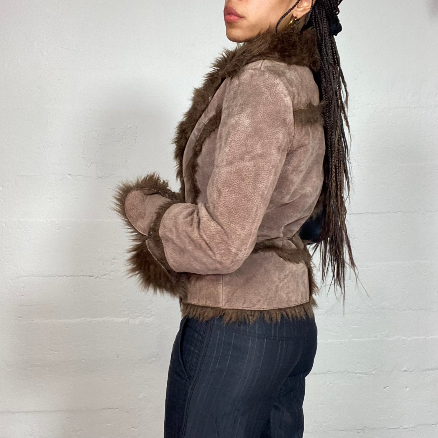 Vintage 2000's Bratz Brown Leather Short Afghan Coat with Puffy Fur Collar and Sleeve Details (S)