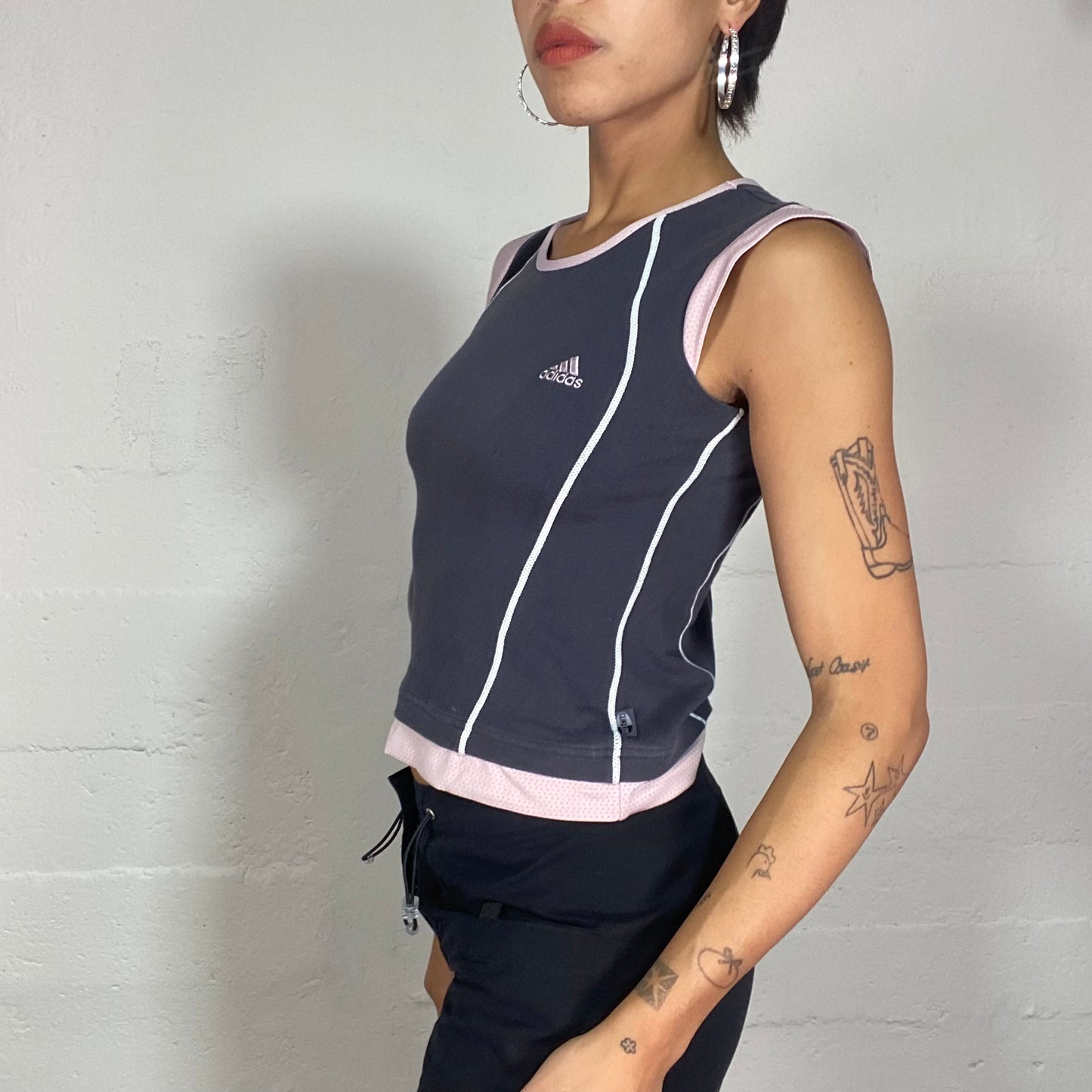 Vintage 2000's Adidas Sporty Black Top with Baby Pink Logo and Trim Detail (S)