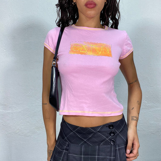 Vintage 2000's Extyn Archive Pink Top with Orange Logo Print Detail (S)