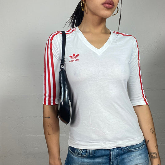 Vintage 90's Adidas Sporty White Longsleeve Top with Red Brand Triple Trim and Logo Detail (S)