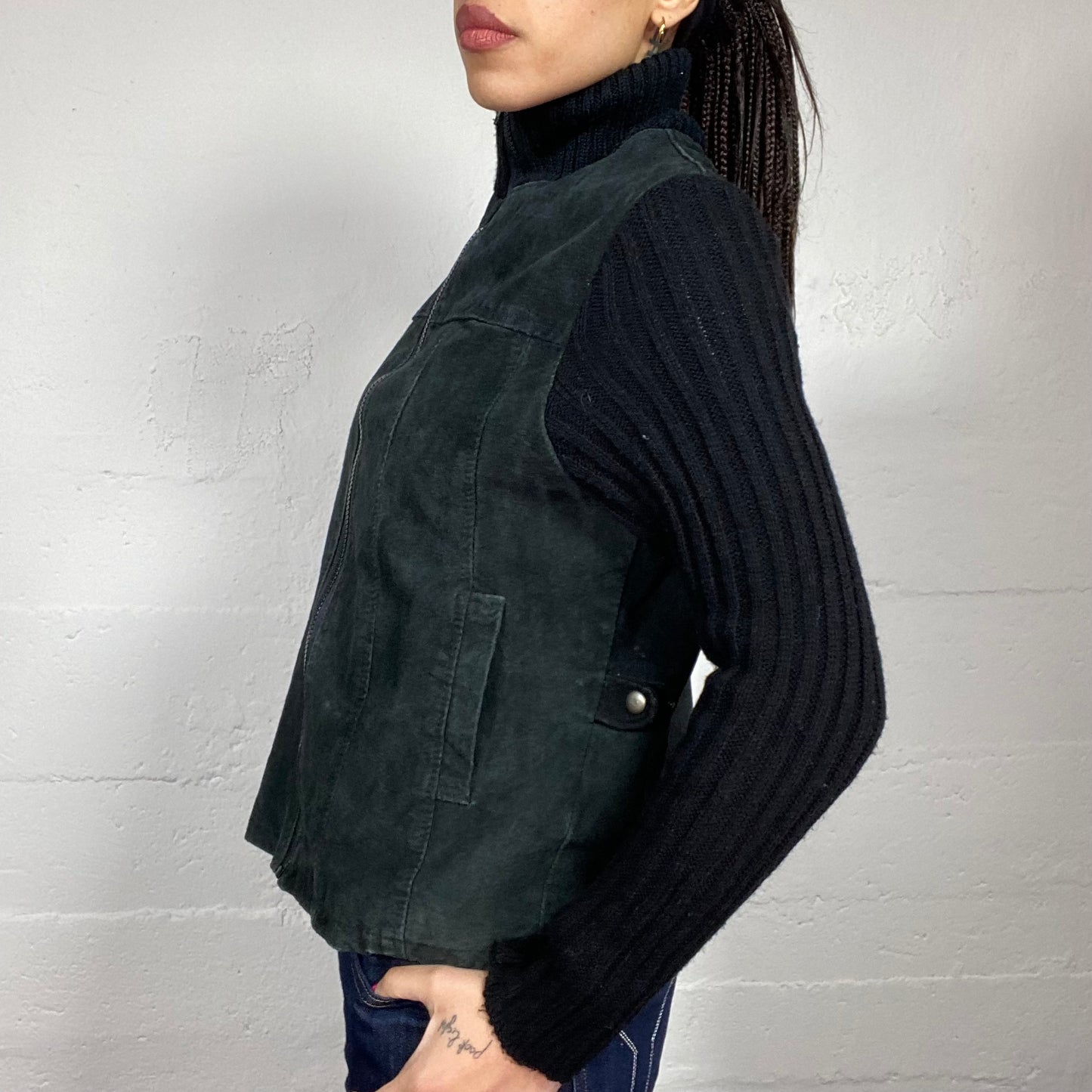 Vintage 90's Downtown Girl Black Short Jacket with Knitted Sleeves Detail (L)