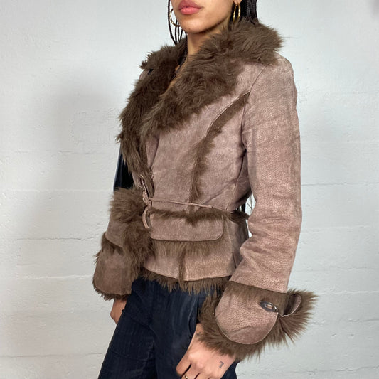 Vintage 2000's Bratz Brown Leather Short Afghan Coat with Puffy Fur Collar and Sleeve Details (S)