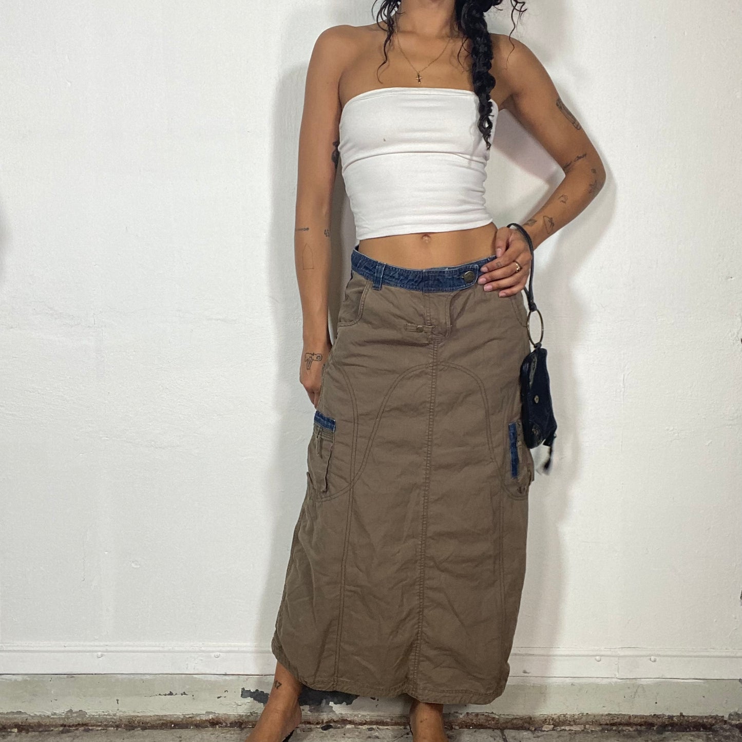 Vintage 2000's Techwear Khaki and Denim Maxi Cargo Skirt with Pockets and Yellow Salamander Detail (S/M)