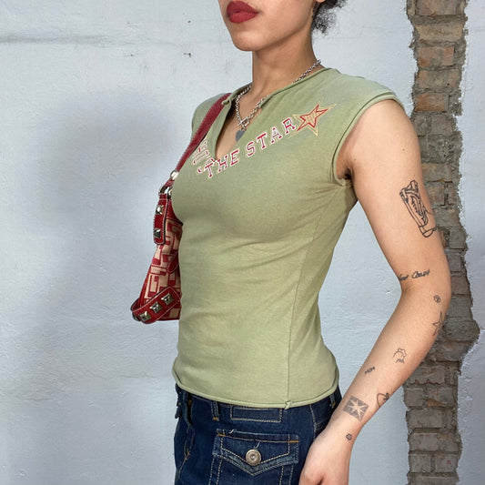 Vintage 90's Streetstyle Khaki Baby Tee with 'Who's the Star' Print (S)