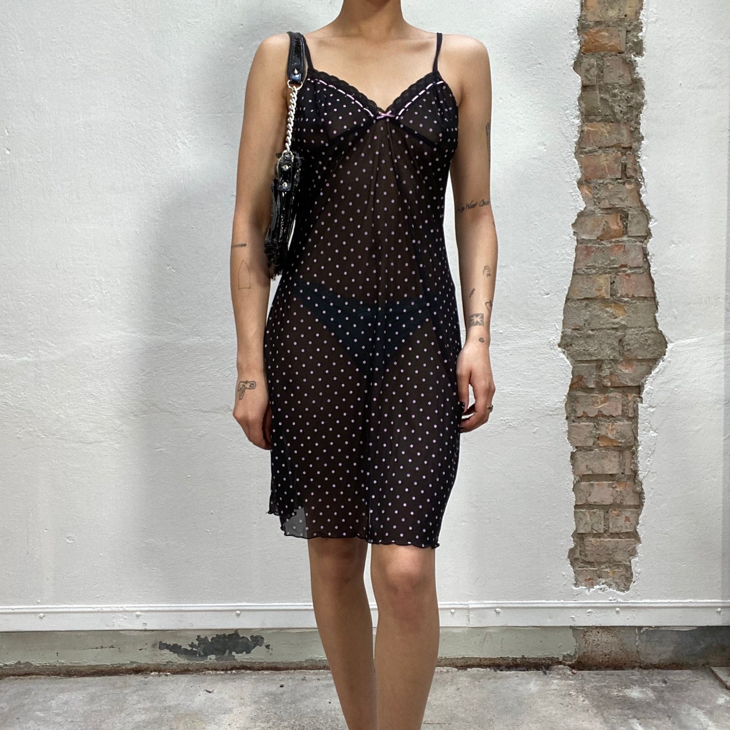 Vintage 2000's Lingerie Black Cami Dress with Polka Dots (M)