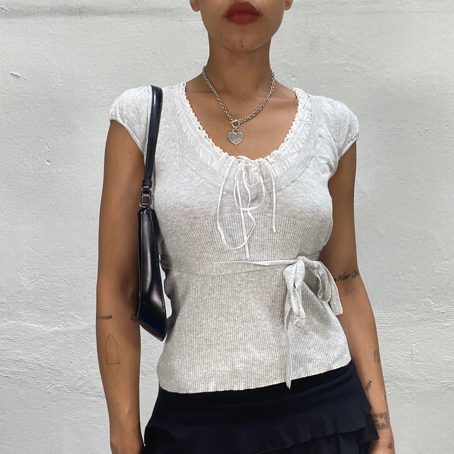 Vintage 2000's Soft Girl White Jersey Top with White Lace Top Neckline (S/M)