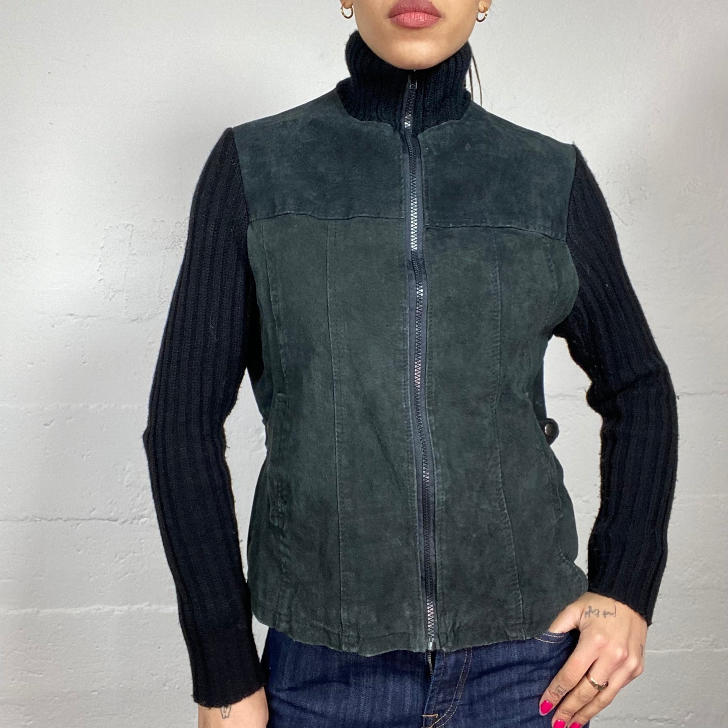 Vintage 90's Downtown Girl Black Short Jacket with Knitted Sleeves Detail (L)