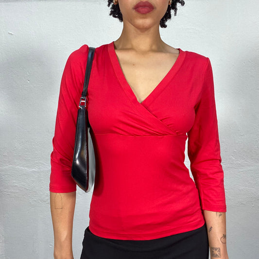 Vintage 90's Downtown Girl Red Midi Sleeve V-Neck Top (S)