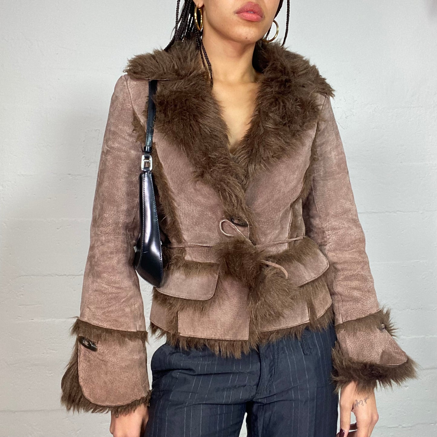 Vintage 2000's Bratz Brown Leather Short Afghan Coat with Puffy Fur Collar and Sleeve Details (S)