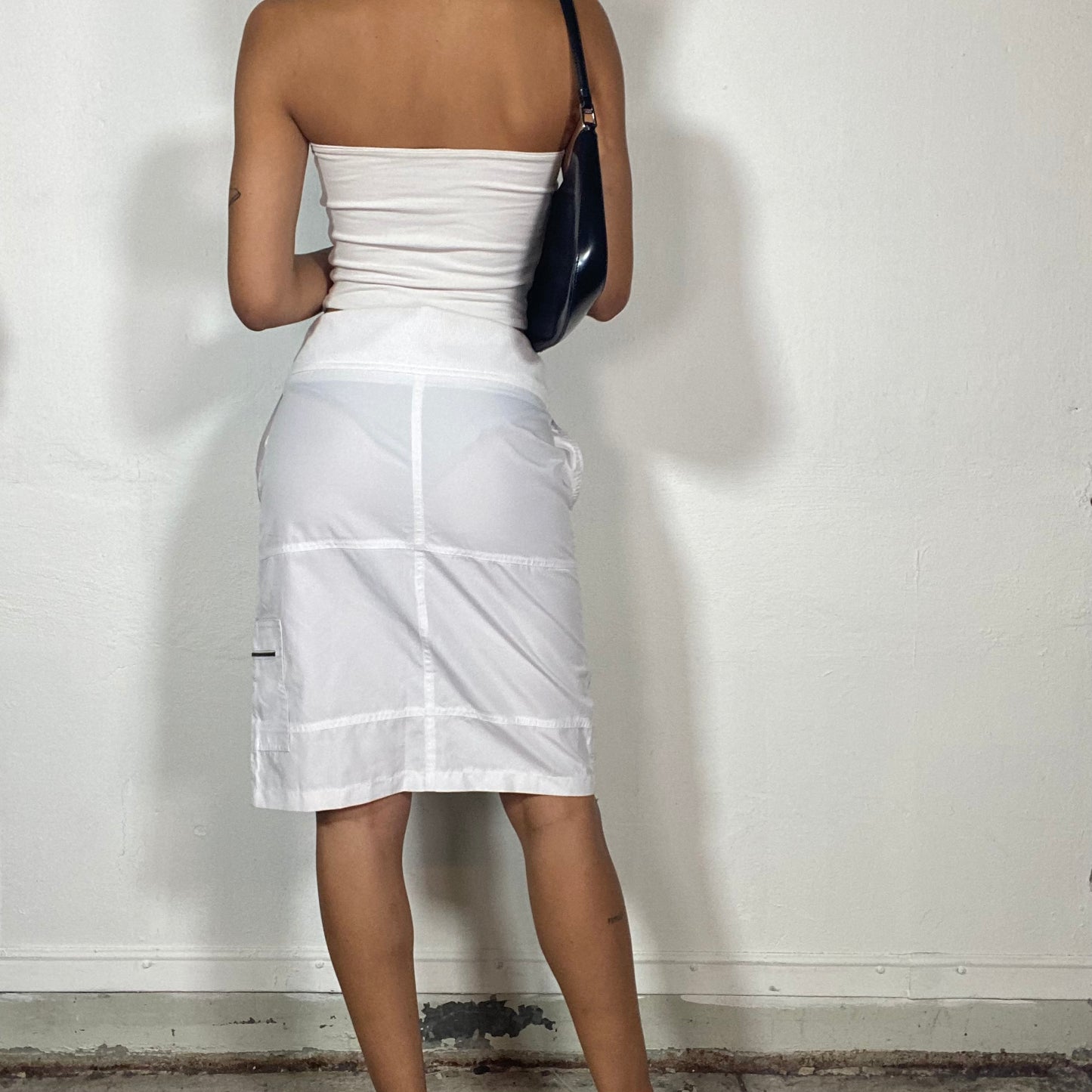 Vintage 2000's Streetwear White Nylon Tube Midi Skirt with Belt Detail (S)