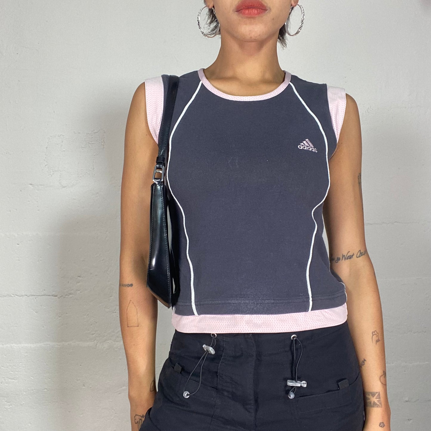 Vintage 2000's Adidas Sporty Black Top with Baby Pink Logo and Trim Detail (S)