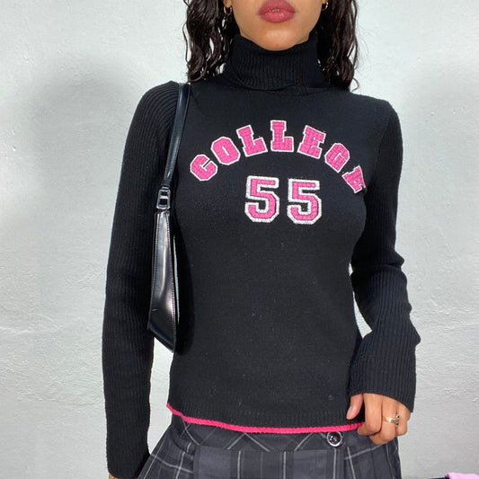 Vintage 90's Sporty Black Turtleneck Jumper with Pink "College 55" Embroidery (S)