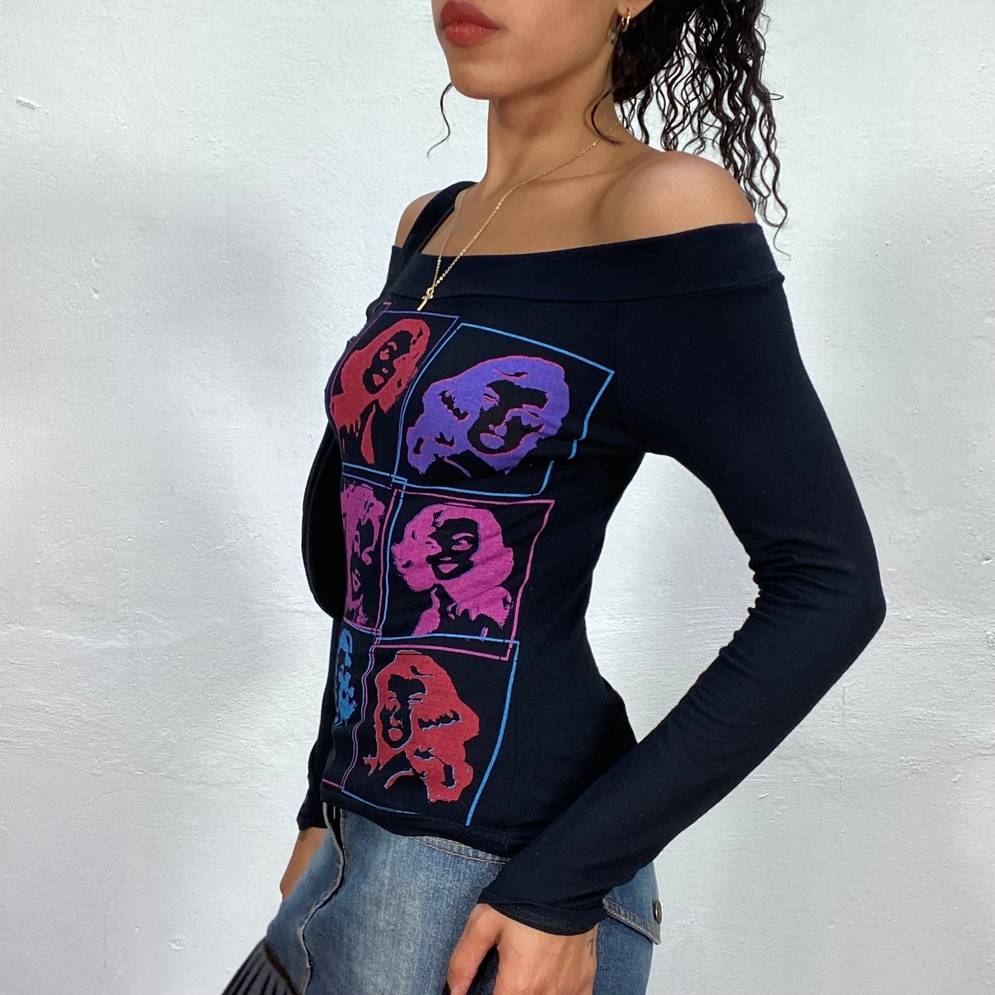 Vintage 90's Girl-Pop Black Open Shoulder Longsleeve Top with Neon Colors Face Print (S)