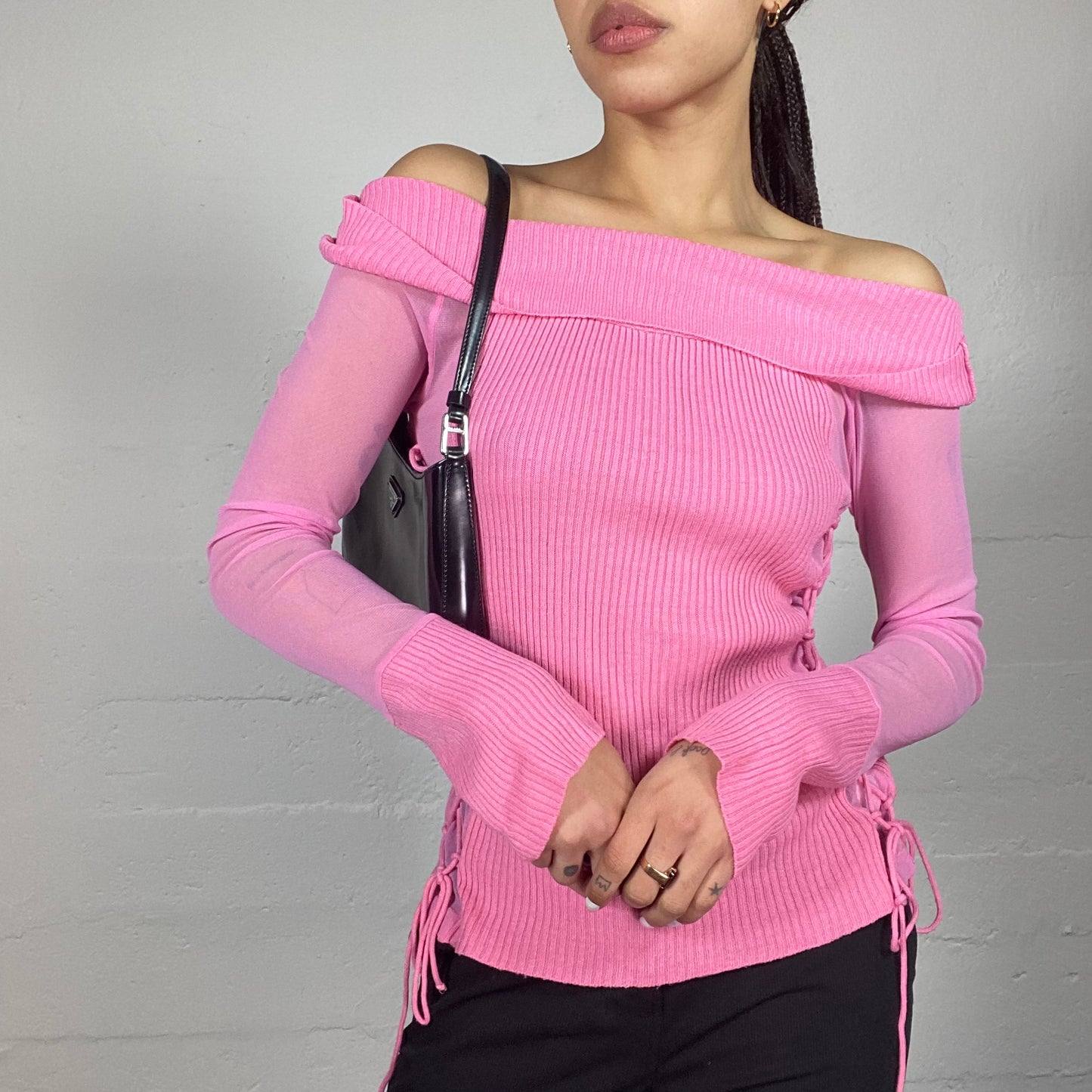Vintage 2000's Soft Girl Pink Off Shoulder Knitted Top with Mesh Longsleeve Detail (S/M)