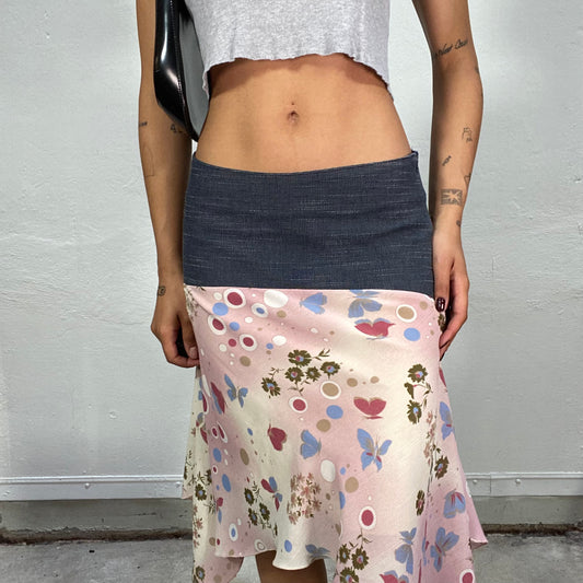 Vintage 2000's Summer Pink Midi Skirt with Asymetrical Cut and Flower Pattern (S/M)