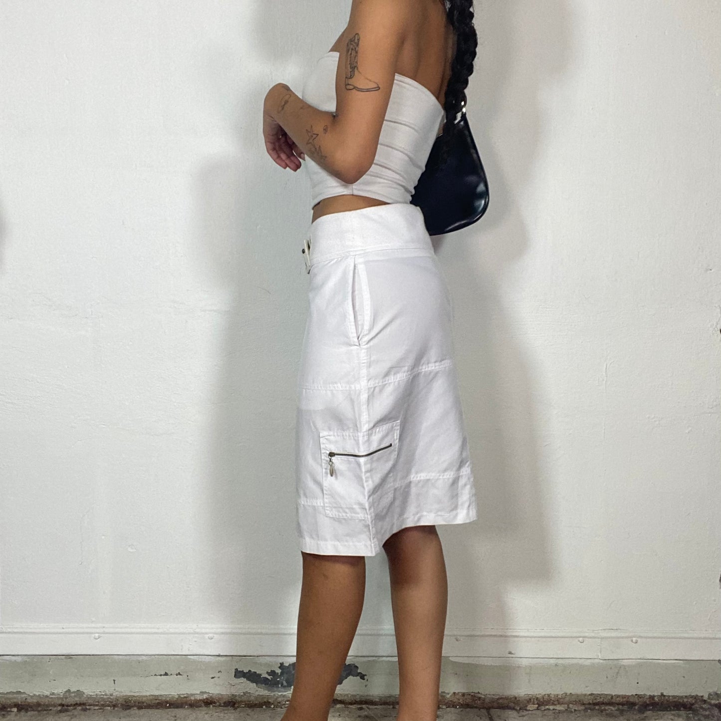 Vintage 2000's Streetwear White Nylon Tube Midi Skirt with Belt Detail (S)