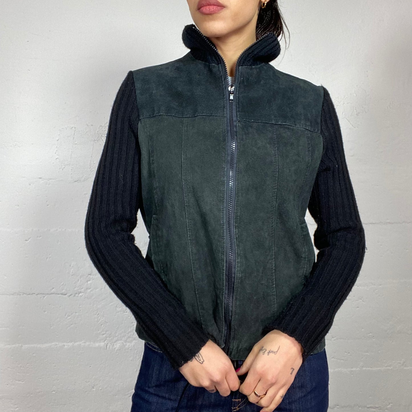 Vintage 90's Downtown Girl Black Short Jacket with Knitted Sleeves Detail (L)