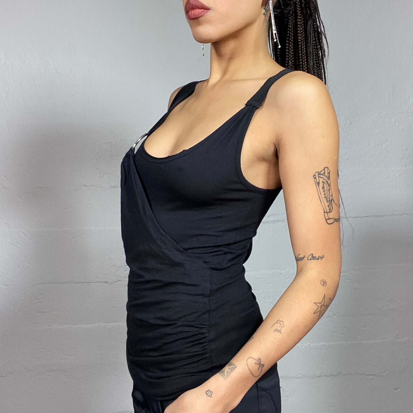 Vintage 2000's Clubwear Black One Shoulder Top with Silver Strap Ring Detail (S)